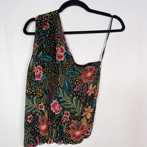 New Evereve XSmall XS Azalea One Shoulder Top Black Green Multi Floral Print - Picture 2 of 9